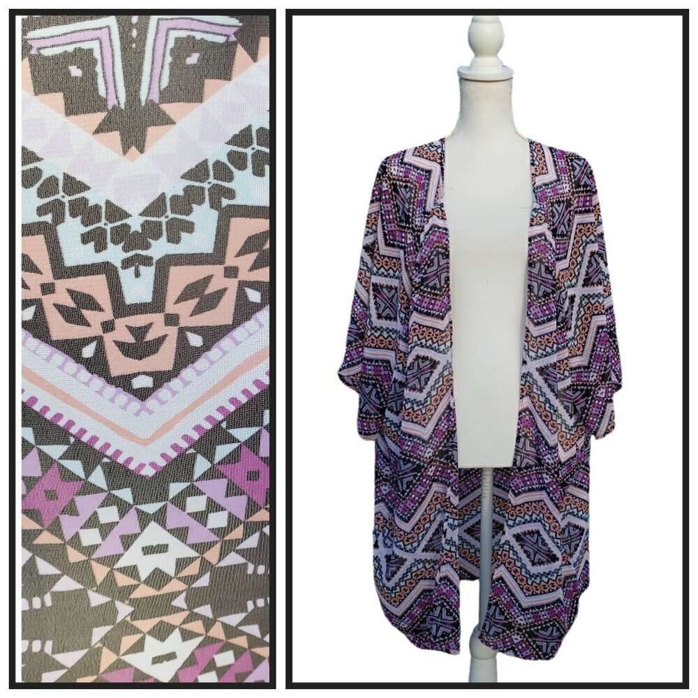 Express Boho Geometric Kimono One Size Open Front Lightweight Cardigan - Picture 1 of 8